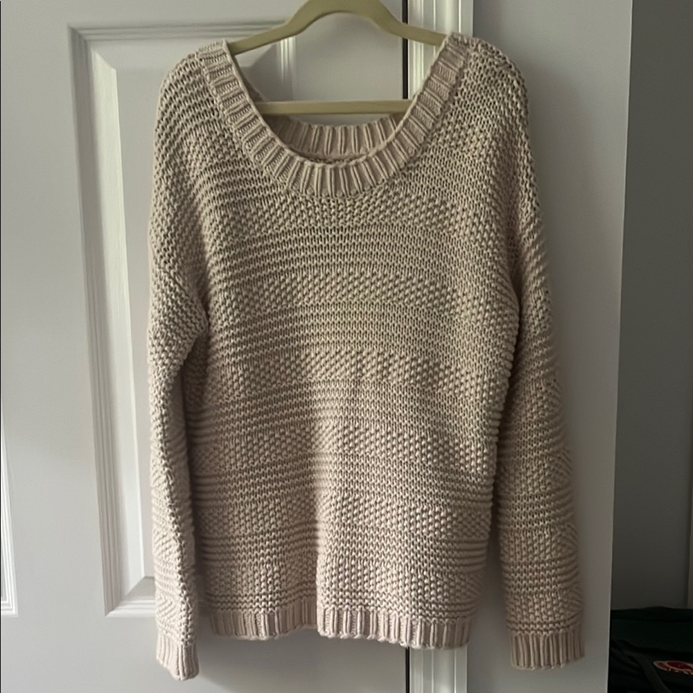 LOFT Cream Crew Neck Sweater with Ribbed Detailing